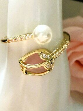 Unique Tulip Ring Pink Stone Pearl Open Ring Adjustable Dainty Floral